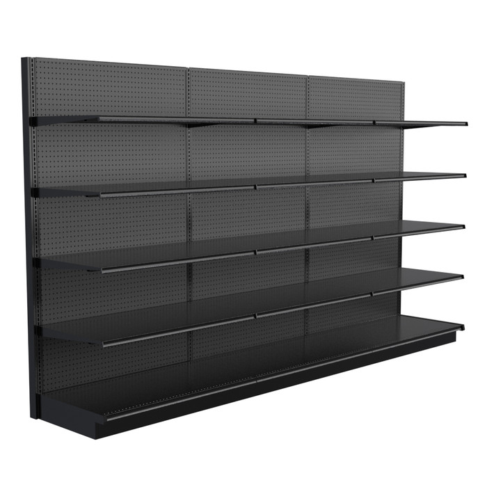 Lozier Black Gondola Shelving Wall Display - 12ft Wide, 84"H, 25"D, 15 Shelves