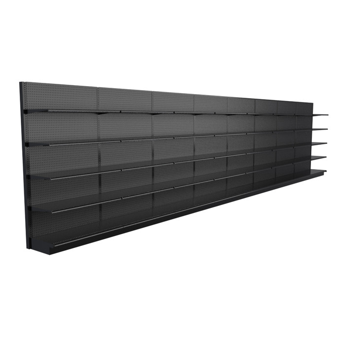 Lozier Black Gondola Shelving Wall Display - 32ft Wide, 84"H, 19"D, 40 Shelves