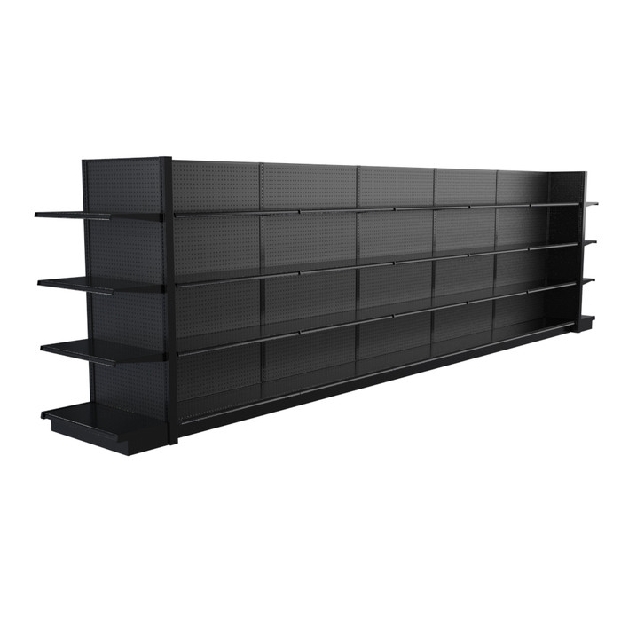 Lozier Black Gondola Shelving Island Display - 24ft Wide, 72"H, 16"D, 48 Shelves