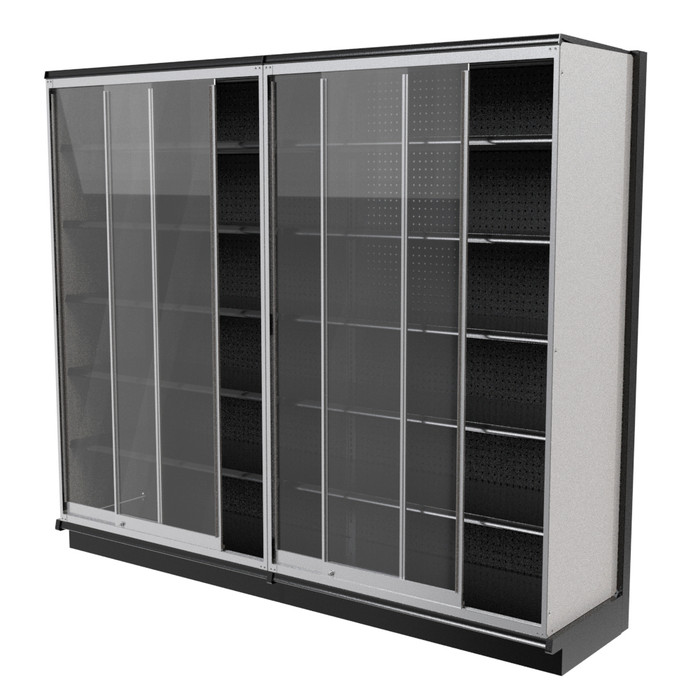 Sliding security door with integrated lock, designed to fit any 8-foot-wide, 84-inch-high gondola for versatile protection.