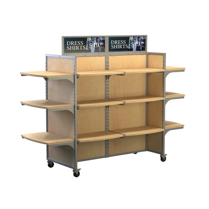 Silver Rackform Apparel Display with 18 Shelves, 84W 62H retail fixture shown empty with display accessories and a metal sign holder. Ideal for visual merchandising in retail environments.