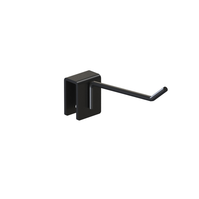 25-Pack Rackform Black Peghooks for Hangbar 4D shown in a 2-pack on a clean white background. Designed to be used with Rackform apparel displays. Perfect for upgrading retail fixture functionality.