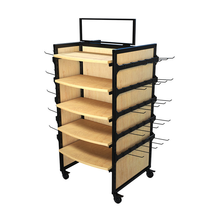 High-Capacity Rolling Gondola 48W 62H — 10 Shelves & 10 Hangbars with 50 Peghooks retail fixture shown without merchandise. Ideal for visual merchandising in retail environments.