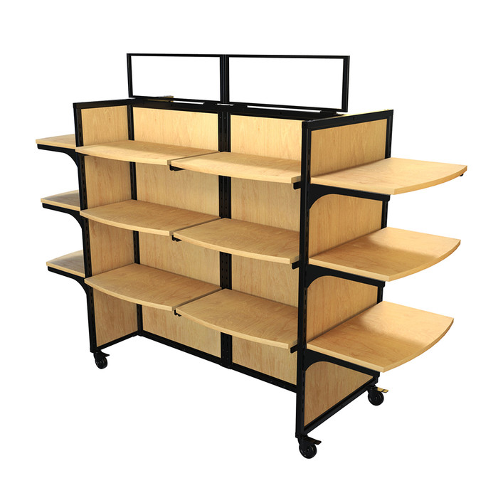 Modern Birch Bakery Display with 18 Shelves — 84W 62H, Black Metal Frame retail fixture shown without merchandise. Ideal for visual merchandising in retail environments. Modern Birch Bakery Display with 18 Shelves — 84W 62H, Black Metal Frame retail fixture shown without merchandise. Ideal for visual merchandising in retail environments.