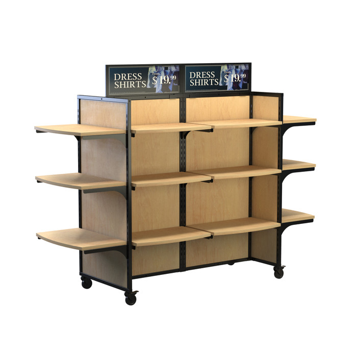 Rackform Wood Mobile Display with 18 Shelves, 84W 62H retail fixture shown empty with display accessories and a metal sign holder. Ideal for visual merchandising in retail environments.