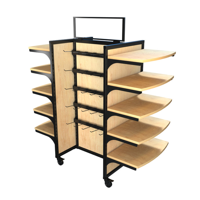 Wood Rolling Gondola 59W 62H – 10 Shelves, 10 Hangbars & 50 Peghooks retail fixture shown without merchandise. Ideal for visual merchandising in retail environments.