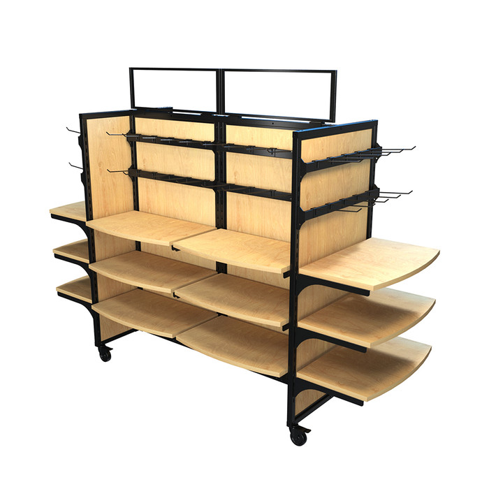 Wood Rolling Gondola — 18 Shelves & 12 Hangbars with 60 Peghooks, 84W 62H retail fixture shown without merchandise. Ideal for visual merchandising in retail environments.