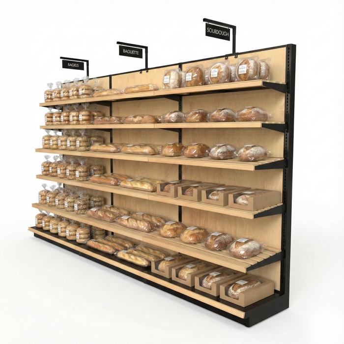 Bread Glass Rack Bread Display Rack Wall Gondola With 12 Wood Slat Shelves | DGS Retail