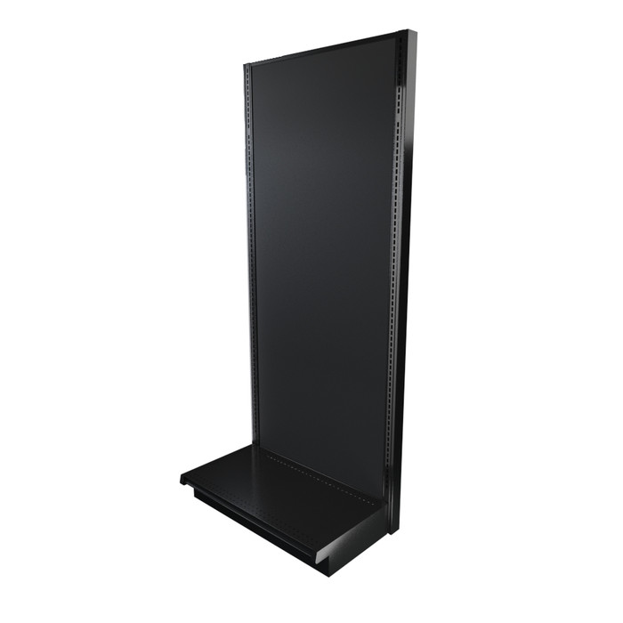 Black single-sided Lozier gondola shelving starter unit with metal construction and marteck panels.