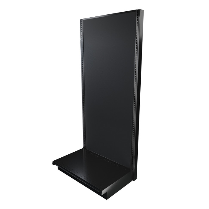 Black single-sided Lozier gondola shelving starter unit with metal construction and marteck panels.