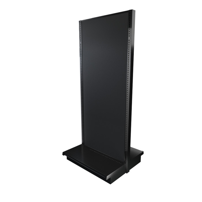 Black double-sided Lozier gondola shelving starter unit with metal construction and marteck panels.