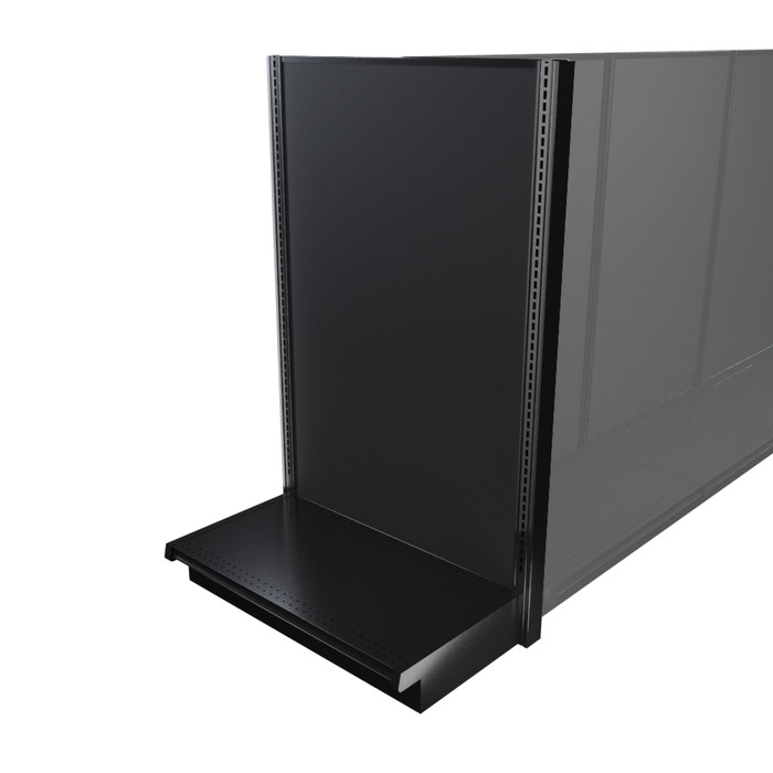 Black Lozier gondola shelving retail end cap with metal construction and marteck panels.