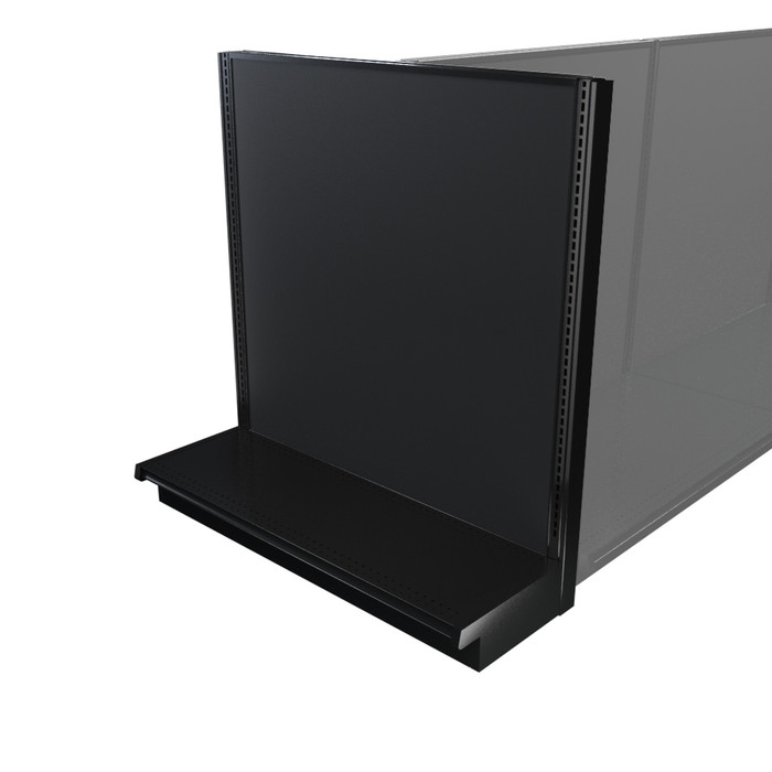 Black Lozier gondola shelving retail end cap with metal construction and marteck panels.