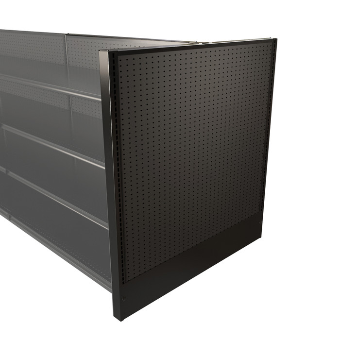 Black Lozier gondola shelving end panel, 48” wide x 54” high. Durable pegboard panel finishes aisle ends cleanly, hides uprights, and enhances retail fixture appearance.