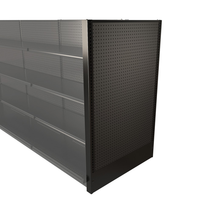 Black Lozier gondola shelving end panel, 36” wide x 60” high. pegboard panel provides a clean aisle-end finish, conceals uprights, and delivers durable, professional retail fixture styling.