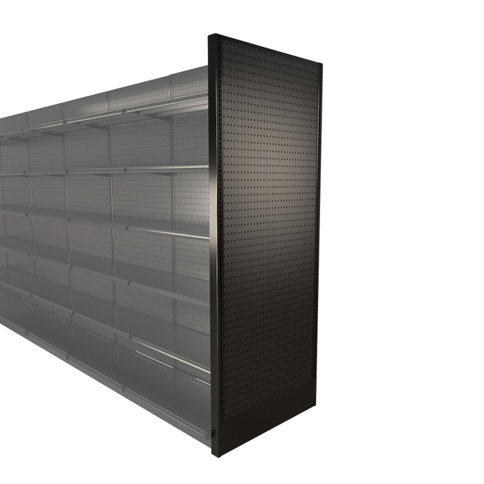Black Lozier gondola shelving end panel, 36” wide x 96” high. Heavy-duty pegboard panel creates a clean aisle-end finish, conceals uprights, and delivers professional retail fixture styling.