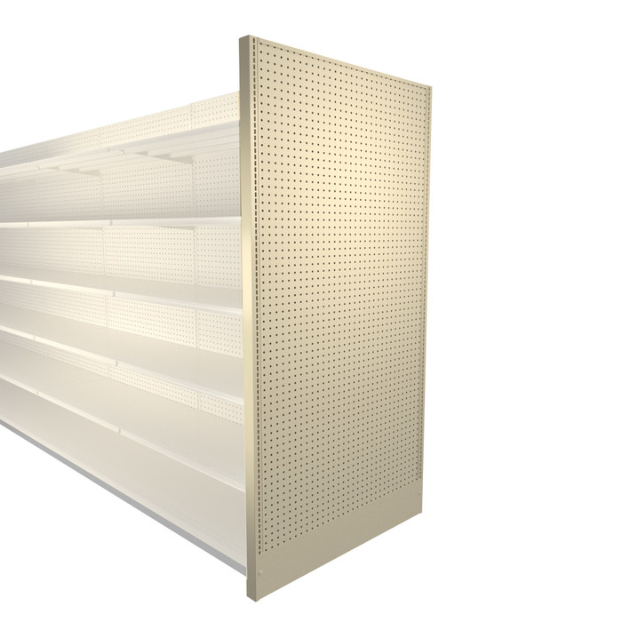 Platinum Lozier gondola shelving end panel, 48” wide x 96” high. Heavy-duty pegboard panel creates a clean aisle-end finish, conceals uprights, and delivers professional retail fixture styling.