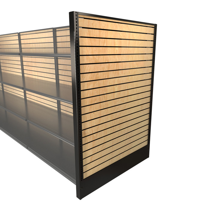 Lozier gondola shelving end panel with black finish and wood slatwall, 48”W x 72”H. Combines sleek black steel with versatile wood slatwall merchandising for high-impact aisle ends in apparel, convenience, specialty retail and gift store layouts. Add compatible shelves and accessories for custom display configurations.