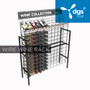 commercial wire wine rack display for convenience stores made of black wire and steel tubes with sign holders shown with bottles of wine in it
