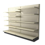 Off-white gondola shelving kit with eight 16-inch-deep shelves and two 19-inch-deep base decks.