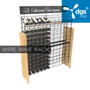 commercial wire wood wine rack for convenience stores that's manufactured by DGS Retail and shown with bottles of wine displayed in it commercial wire wood wine rack for convenience stores that's manufactured by DGS Retail and shown with bottles of wine displayed in it