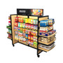 Black Rackform C-Store Display – 6 Shelves & 24 Hangbars with 120 Peghooks 84W 62H shown stocked with merchandise. A mobile display that easily adapts to your store layout.