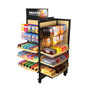 Wood Rolling Gondola – 12 Shelves, 8 Hangbars & 40 Peghooks 44W 62H  shown stocked with merchandise. A mobile display that easily adapts to your store layout.