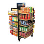 Versatile Mobile Display 38W 62H  – 10 Shelves, 10 Hangbars & 50 Peghooks shown stocked with merchandise. A mobile display that easily adapts to your store layout.