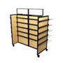 Black & Wood Mobile Shelving Display 73W 62H with 30 Hangbars & 150 Peghooks retail fixture shown without merchandise. Ideal for visual merchandising in retail environments.