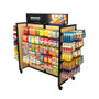 Black & Wood Mobile Shelving Display 73W 62H with 30 Hangbars & 150 Peghooks shown stocked with merchandise. A mobile display that easily adapts to your store layout.