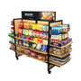 Wood Rolling Gondola – 18 Shelves & 12 Hangbars with 60 Peghooks, 84W 62H shown stocked with merchandise. A mobile display that easily adapts to your store layout.