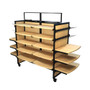 Wood Mobile Display with 26 Shelves, 4 Hangbars & 20 Peghooks – 84W 62H retail fixture shown without merchandise. Ideal for visual merchandising in retail environments.