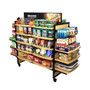 Wood Mobile Display with 26 Shelves, 4 Hangbars & 20 Peghooks – 84W 62H shown stocked with merchandise. A mobile display that easily adapts to your store layout.