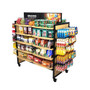 Wood Mobile Display 73W 62H – 20 Shelves & 10 Hangbars with 50 Peghooks shown stocked with merchandise. A mobile display that easily adapts to your store layout.