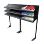 Adjustable overhead cigarette merchandising rack with pusher trays for retail convenience stores