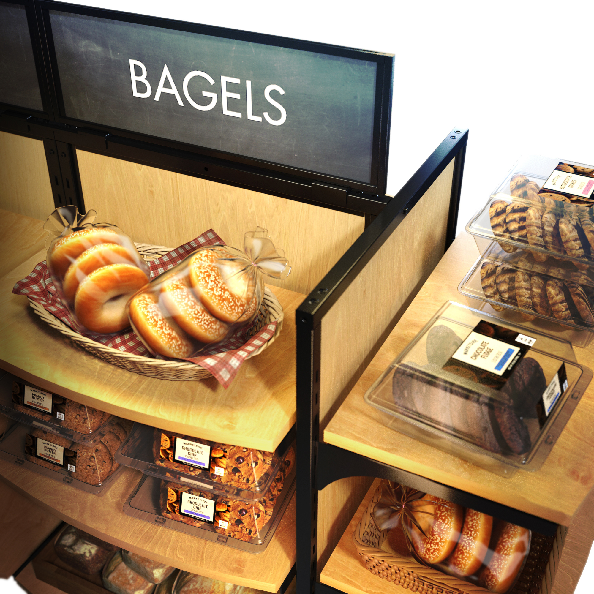 Close-up view of a modern birch bakery display shelf with black metal frame, showcasing fresh sesame seed bagels in a wicker basket lined with red-checked cloth. Additional shelves hold packaged cookies, chocolate loaf cake, and artisan bread loaves. The top signage reads ‘Bagels’ in bold white letters on a chalkboard-style background, ideal for highlighting fresh baked goods in bakeries, cafes, and grocery stores.