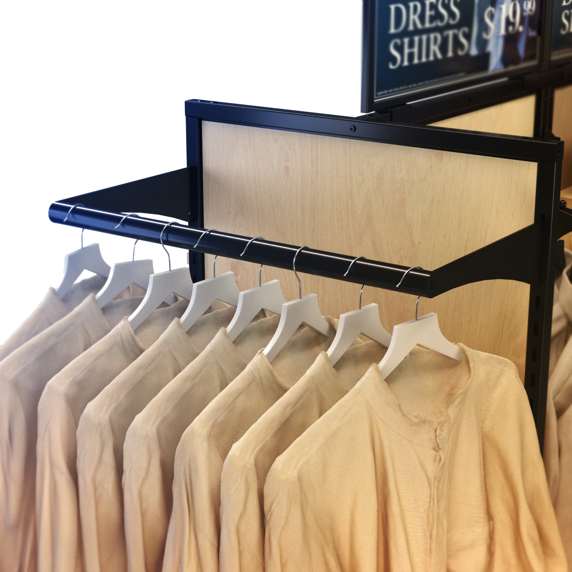 Close-up of 24-inch Rackform black crossbar mounted on retail gondola shelving, displaying beige garments on hangers for apparel merchandising
