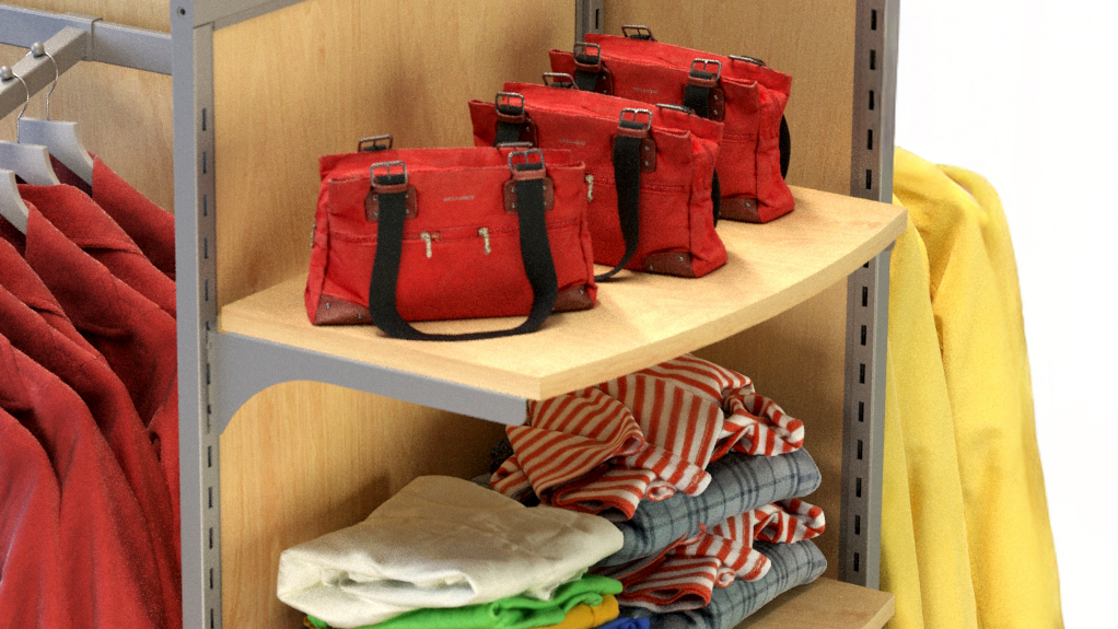 Close-up of Rackform wood retail shelf with black brackets displaying red handbags and folded shirts in a clothing store gondola fixture