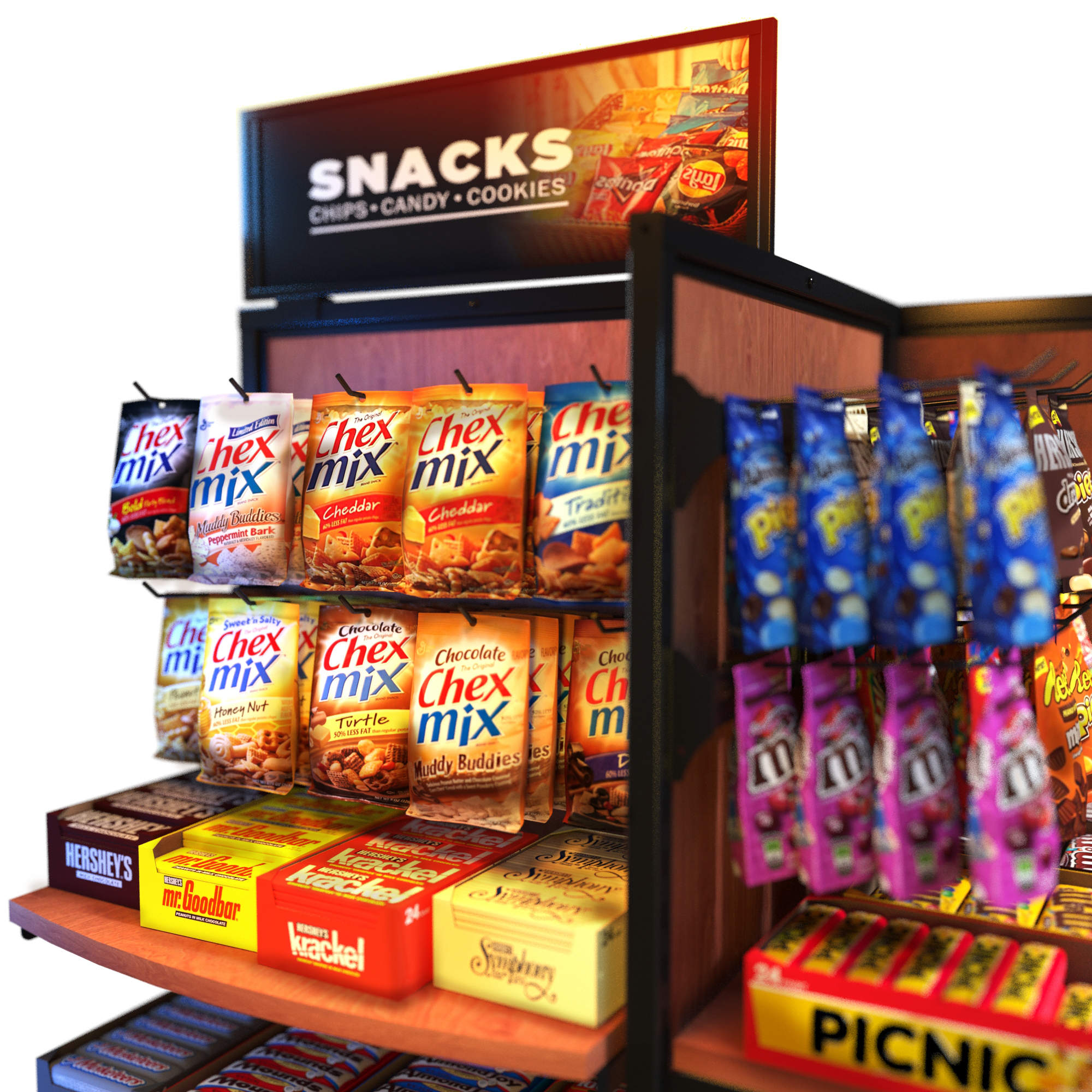 Close-up of rolling gondola showcasing neatly arranged candy bars and snack bags, demonstrating flexible impulse merchandising.