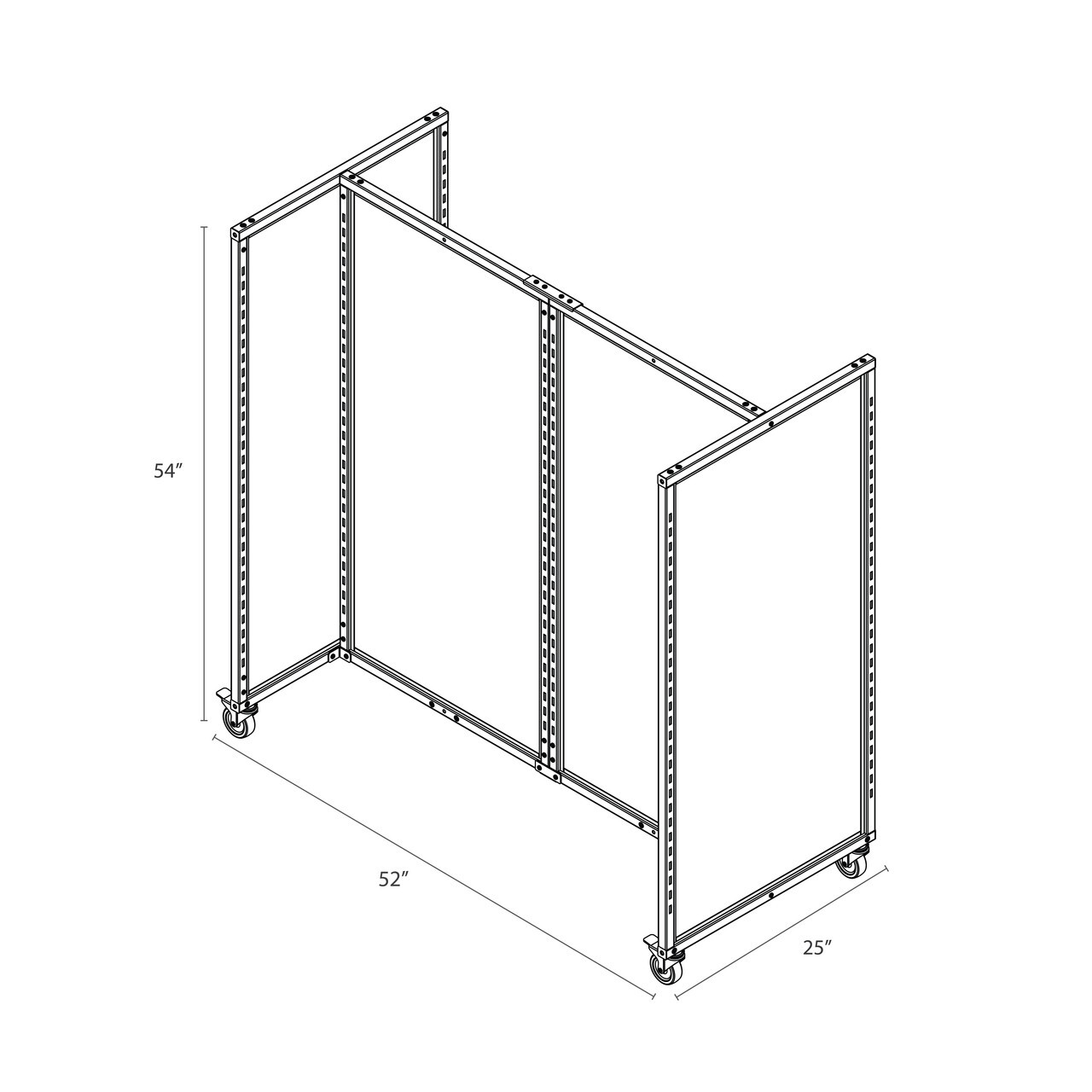 Isometric line drawing of a Rackform Apparel Display rack measuring 52 inches wide, 54 inches high, and 25 inches deep, featuring a three-panel frame on casters designed for flexible retail clothing display setups