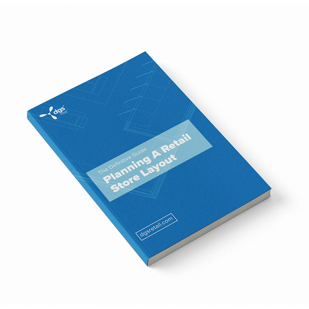 Cover of DGS Retail’s free eBook Planning a Retail Store Layout — professional retail design guide with floor plan illustrations, gondola shelving examples, and merchandising layout tips.