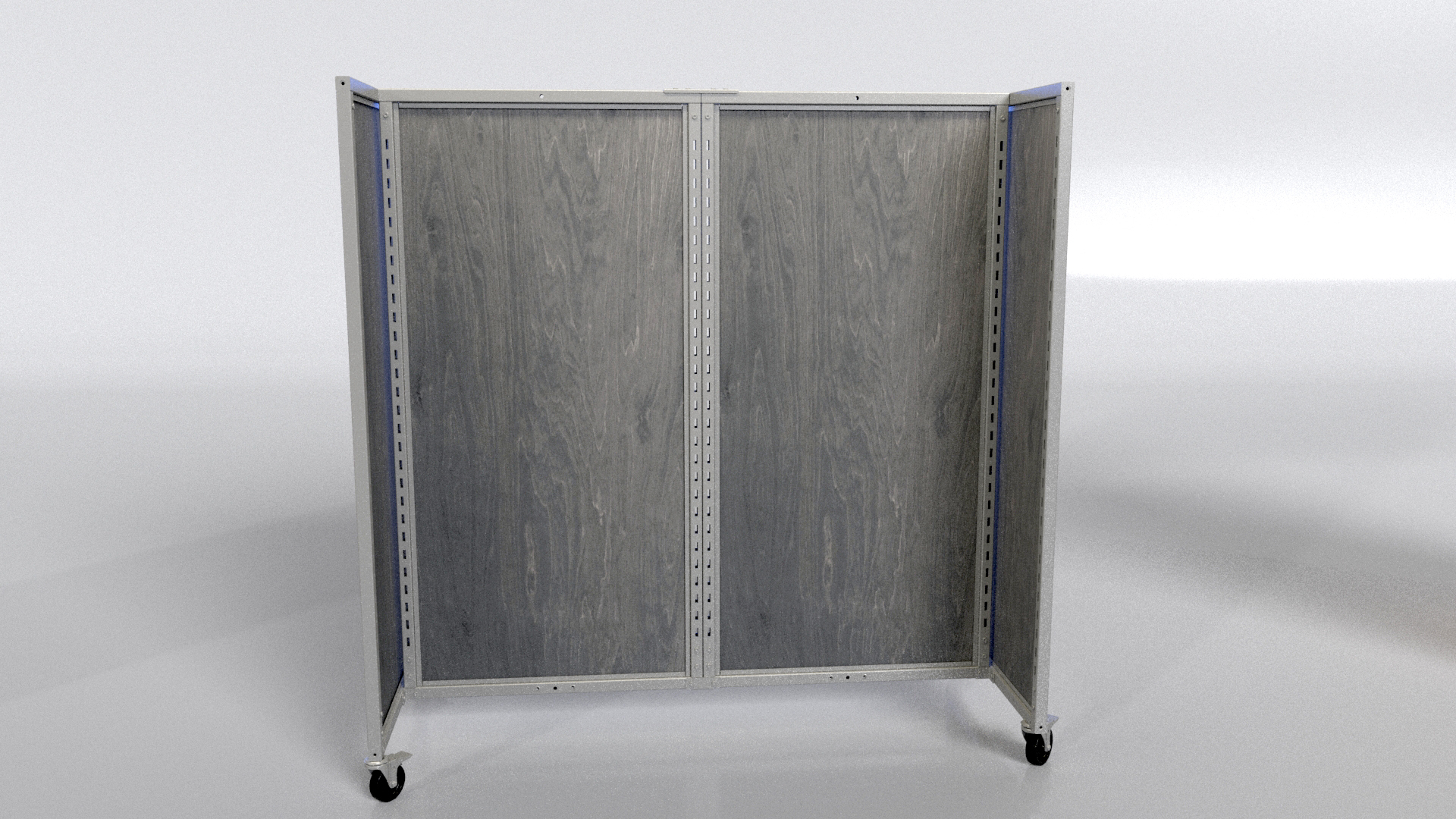 Front view of the Rackform Apparel Display with woodgrain-finished back panels and vertical slotted uprights, showcasing the sturdy metal frame construction on caster wheels for mobile retail use.