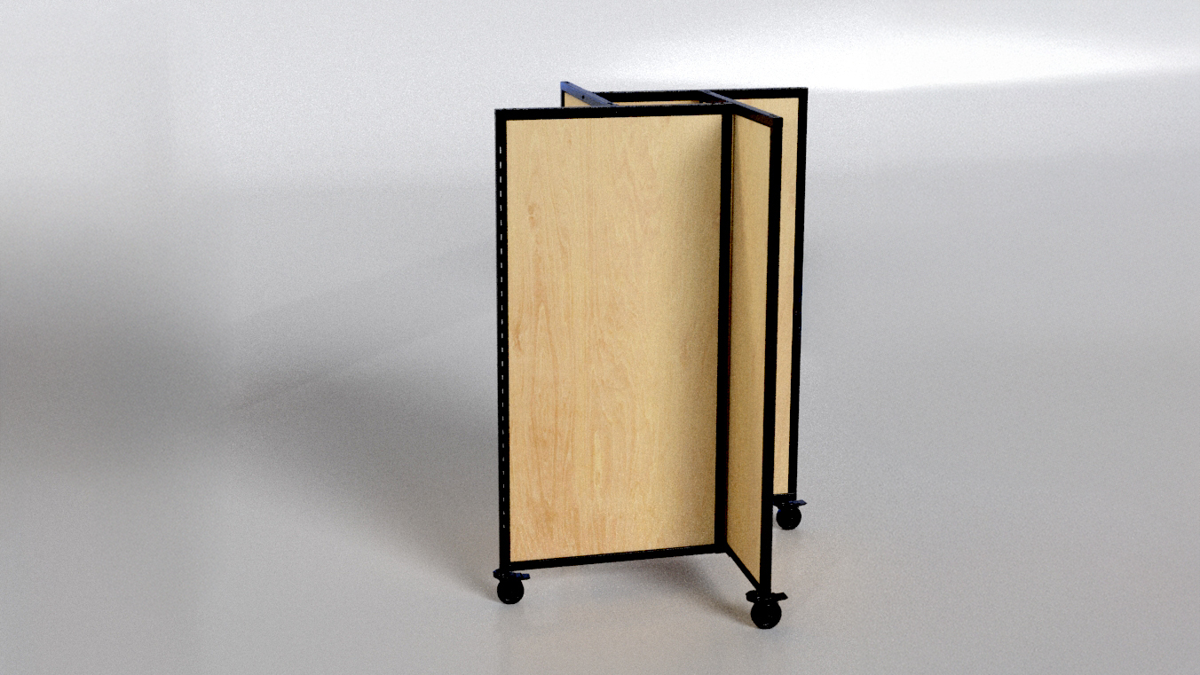 Close-up view of the Rackform apparel display with wood laminate panels and black metal frame.