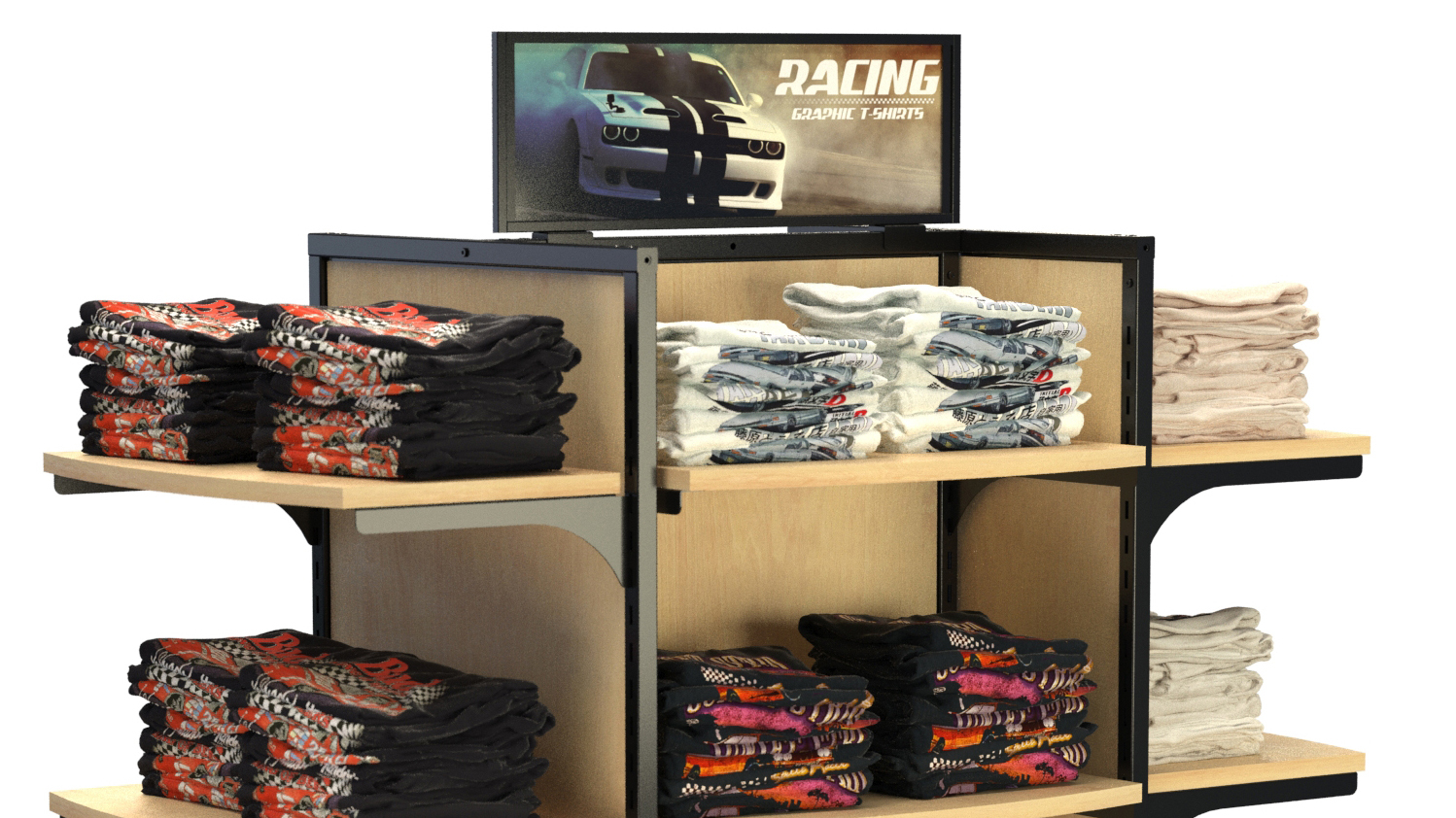 Durable black metal apparel display with 12 adjustable shelves, perfect for showcasing folded clothing in retail spaces. Measures 59"W x 62"H with a sleek, modern design.