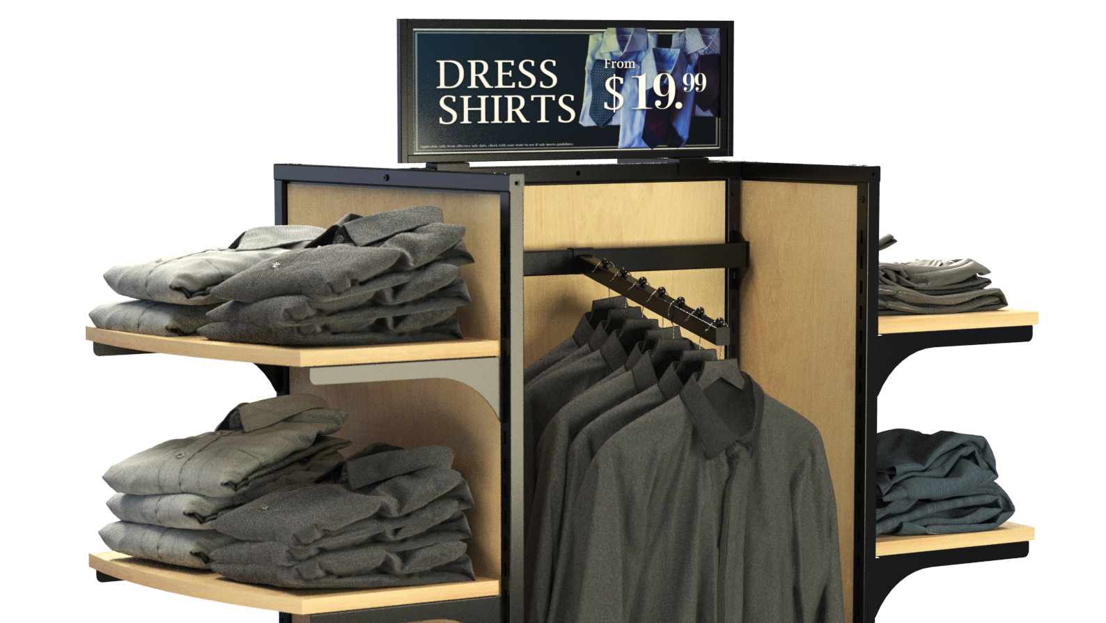 Labeled diagram of a double-sided apparel display with wood shelves, crossbars, peg hook hangbars, faceouts, and magnetic sign holders.