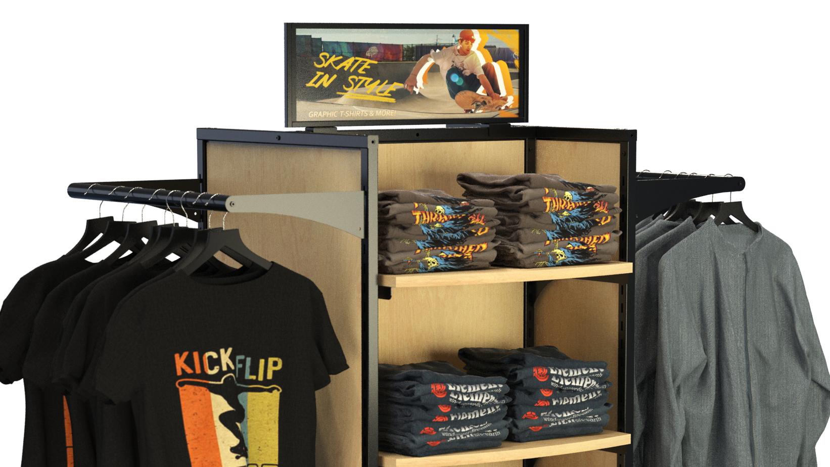Silver Rackform Apparel Display featuring 8 wood shelves and side-mounted crossbars, measuring 52 inches wide and 62 inches tall. The fixture is stocked with folded graphic t-shirts and hanging apparel, and topped with a branded “Skate in Style” sign. Ideal for youth fashion merchandising in lifestyle or apparel retail settings.