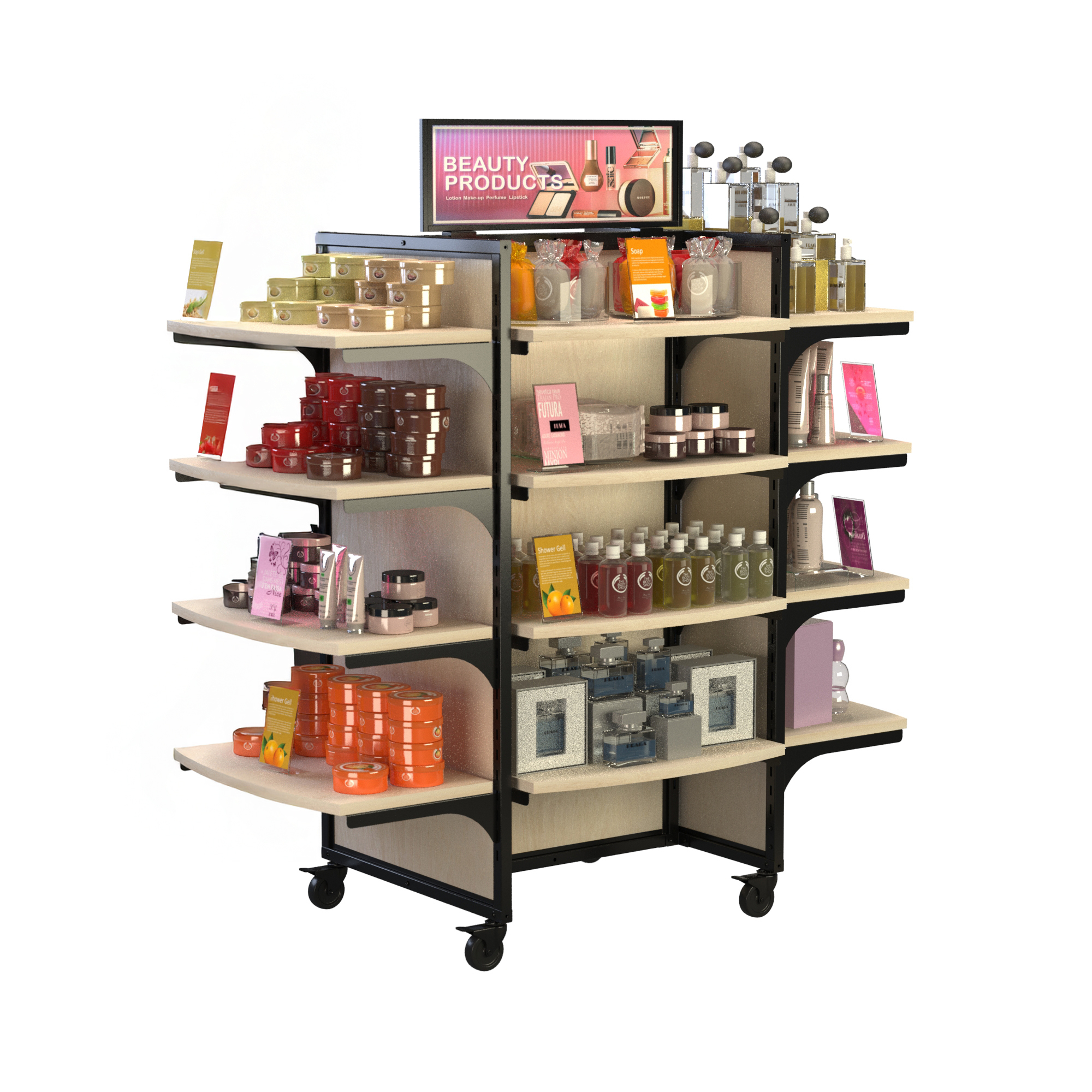 Black Rackform retail display fixture with 16 light wood shelves on locking casters, fully stocked with beauty products such as lotions, candles, and perfumes; includes a bold top sign reading “Beauty Products” for promotional merchandising.