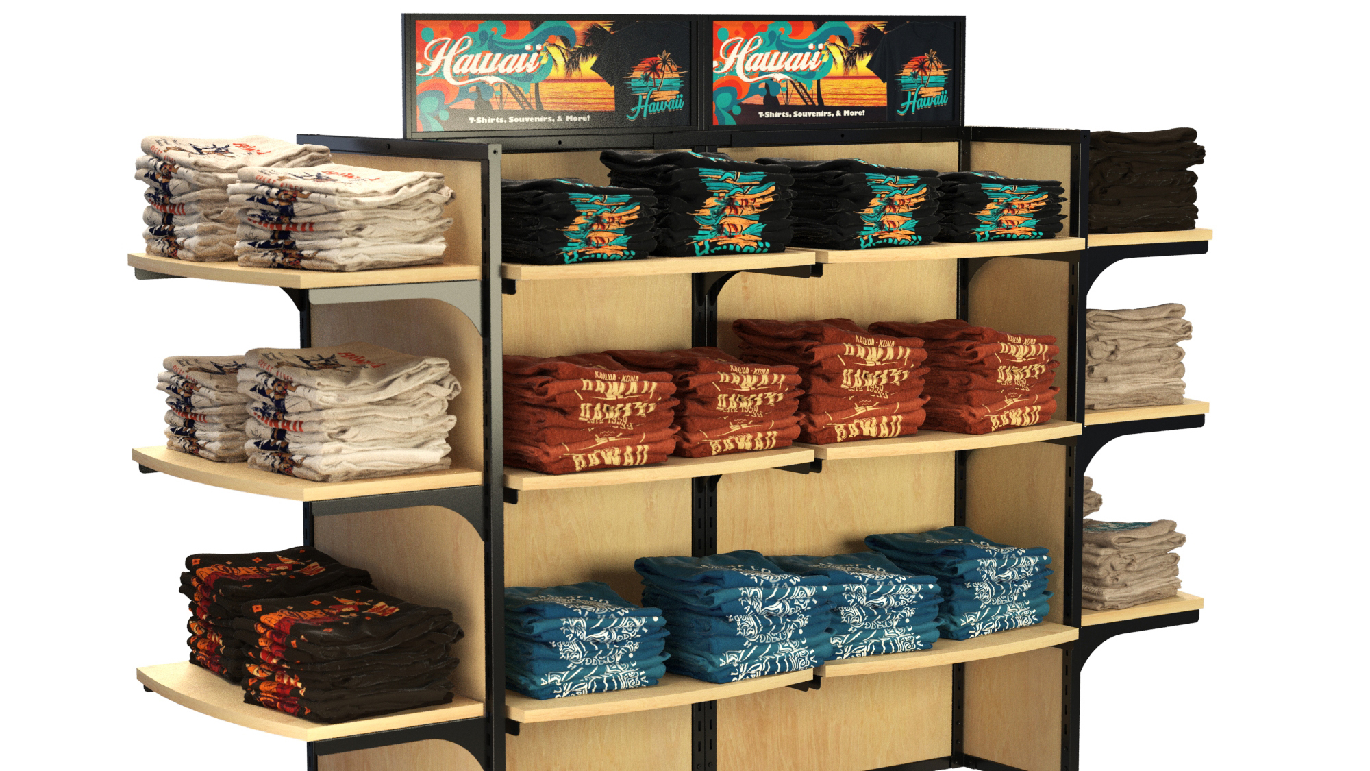 Labeled image of the Silver Rackform Apparel Display highlighting key features including 24-inch wood shelves, magnetic sign holders for custom branding, accessory crossbars, faceout hangbars, waterfall faceout bars, and peg hook bars in 4", 6", and 8" sizes. Fixture shown in silver metal finish with black option also available, designed for versatile retail merchandising.