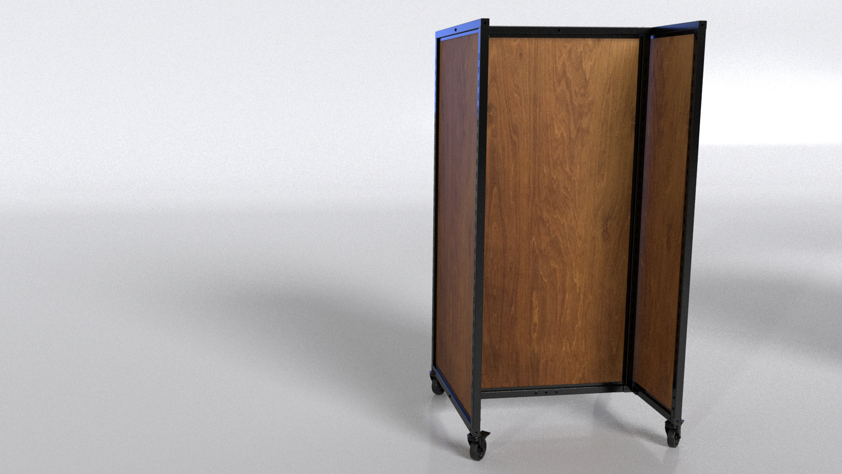 Close-up of Black Rackform Apparel Display with wood panels – highlights rich woodgrain finish inside a durable black steel frame on locking casters. Ideal for boutique or modern retail environments seeking a premium, movable clothing display fixture.