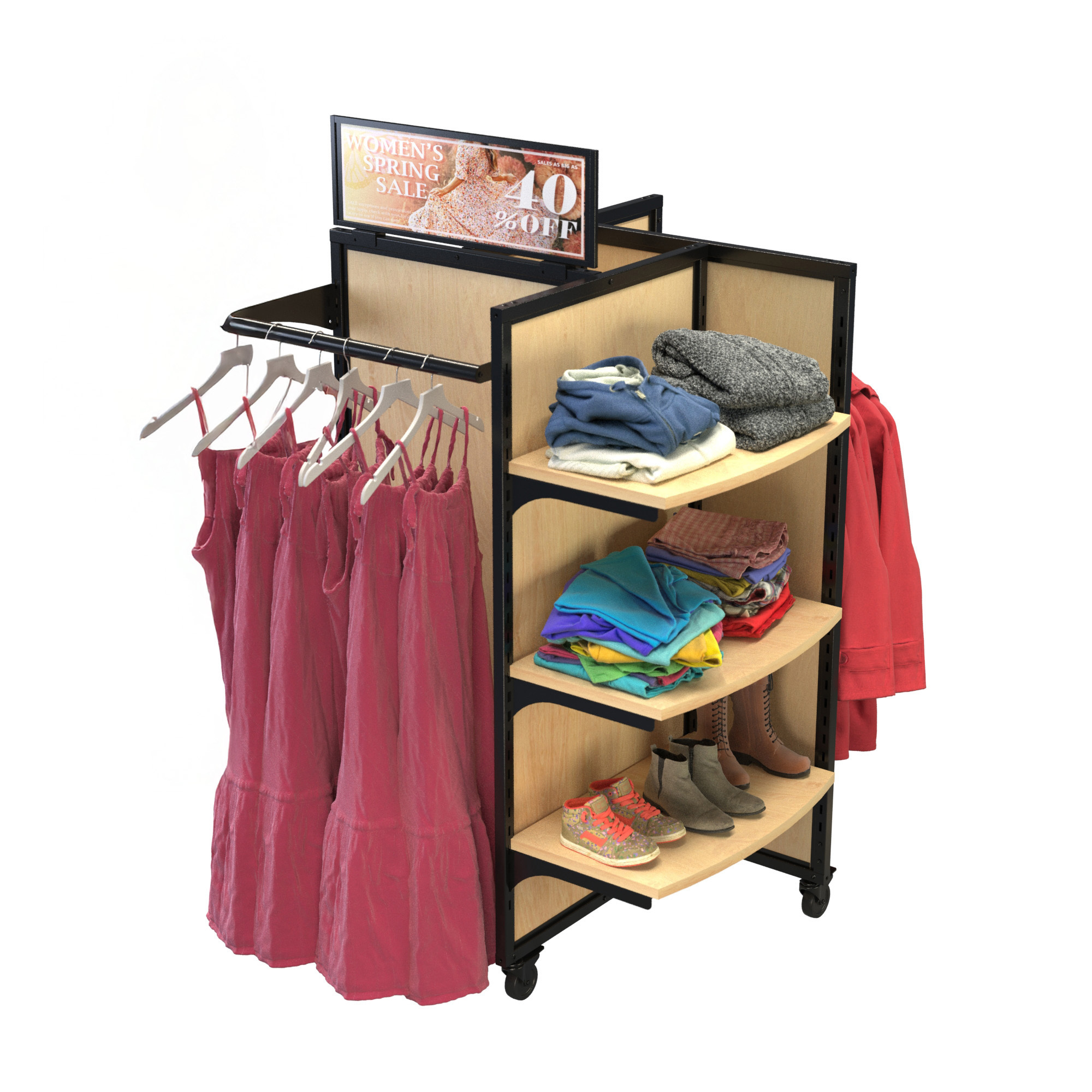 Retail apparel display fixture with 8 wood-look shelves and black metal frame, showcasing folded clothes, shoes, and hanging dresses on side crossbars, with signage on top.